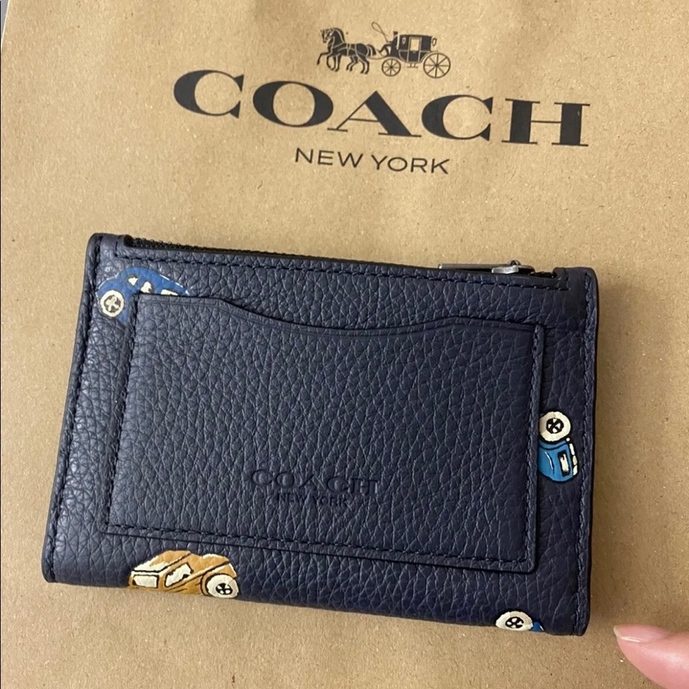 Coach C9998 Men Midnight Multi Leather Slim Bifold Card Case With Car Print EUC